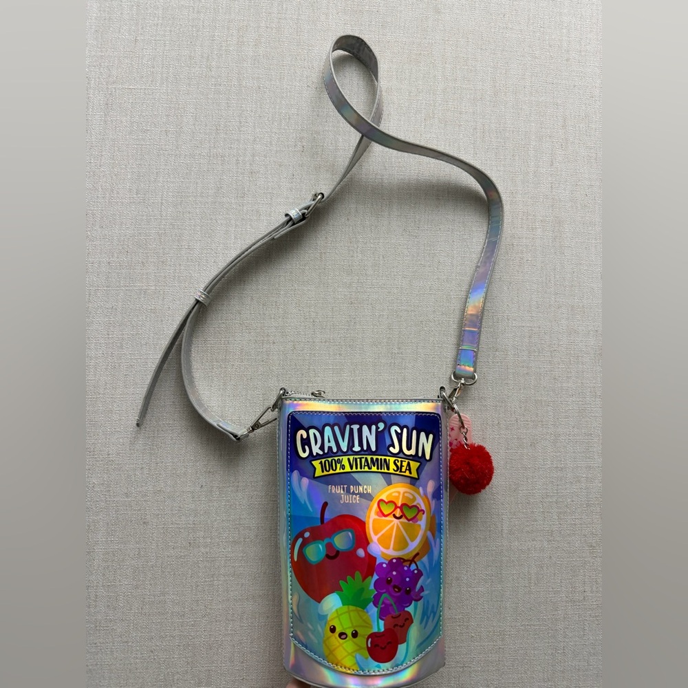 Holographic Capri Sun Kids Crossbody Bag with Pom Pom